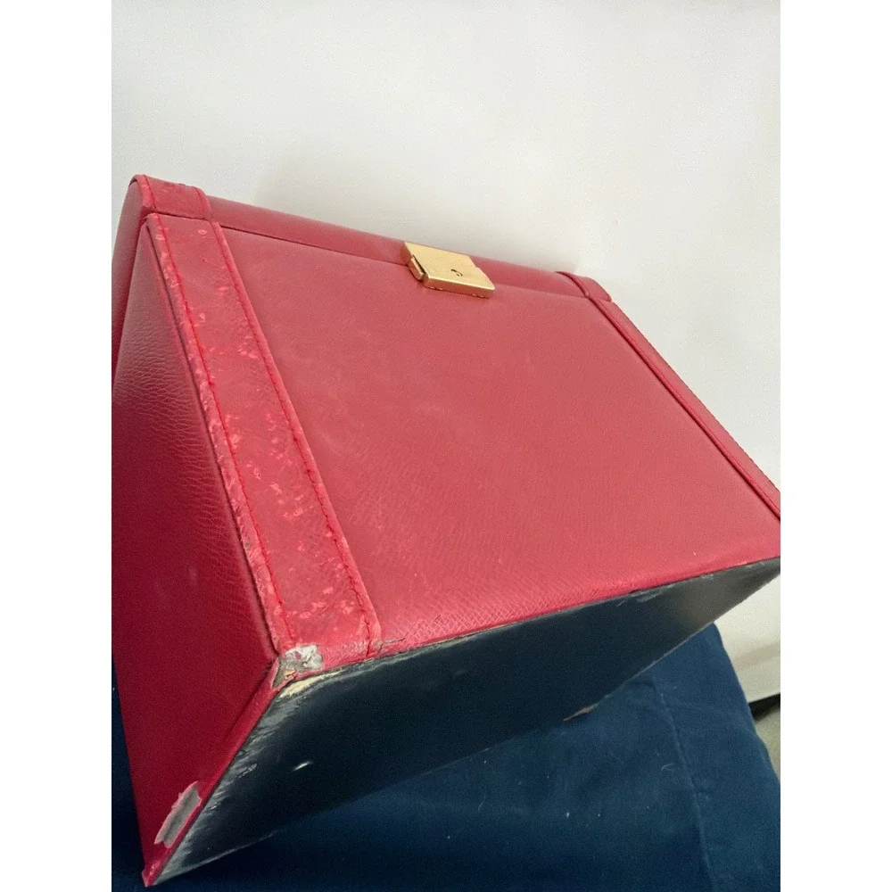 Vtg Large Red Leather Jewelry Box Organizer Multi Drawer Storage Chest Mirror